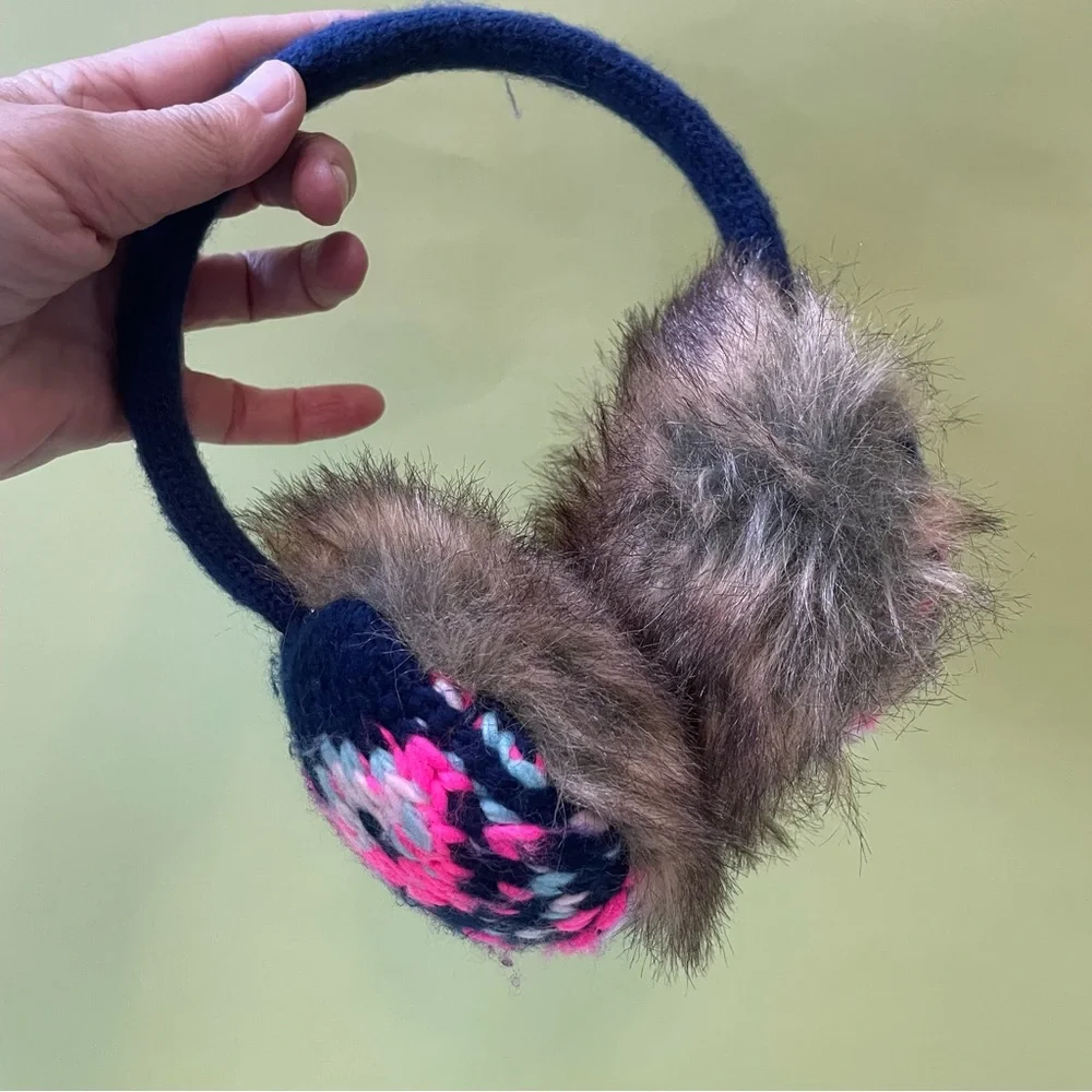 Multicolored acrylic/faux fur knitted earmuffs